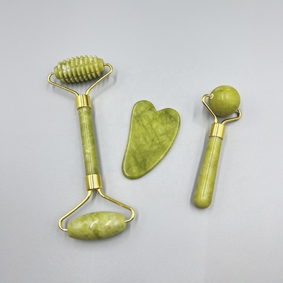 Green Gua Sha for Face and Neck Wrinkles Double Head Natural Jade Roller Set For Home