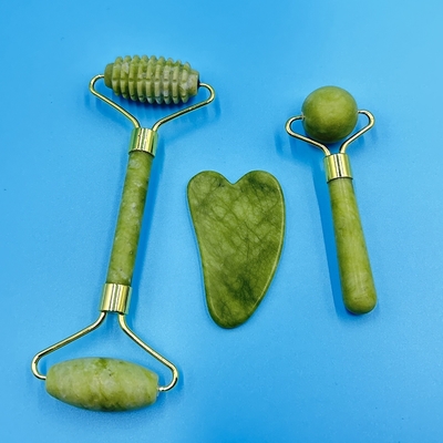 Green Gua Sha for Face and Neck Wrinkles Double Head Natural Jade Roller Set For Home