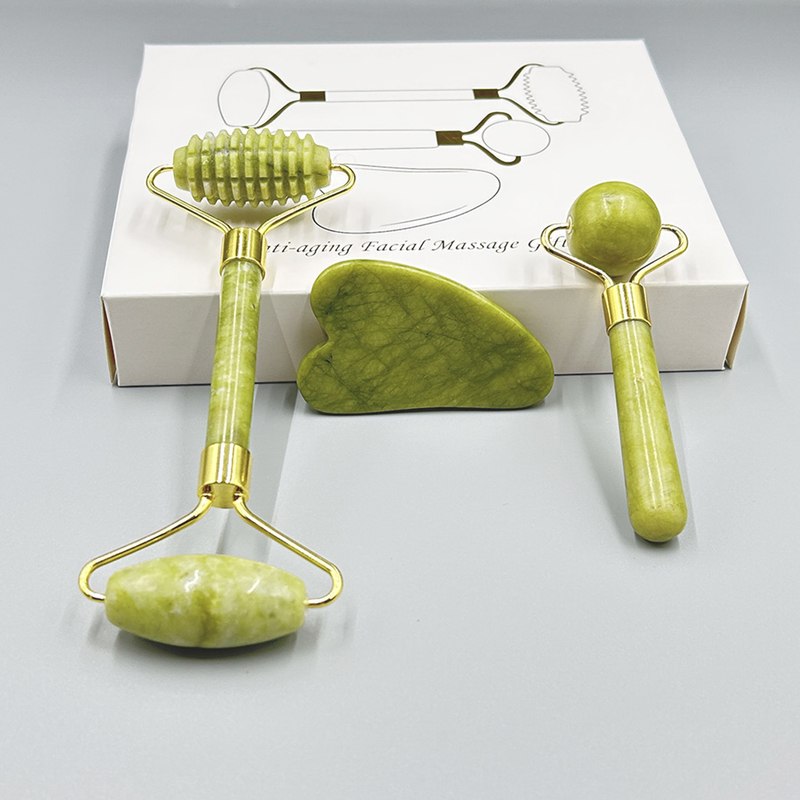 100% Natural Jade Stone Jade Facial Roller and Gus Sha Custom Box Sets for 19*16*5cm