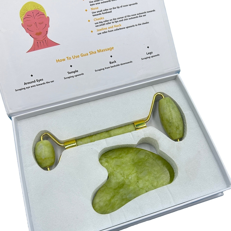 Private Label Skin Scrapping Jade Roller and Gua Sha Set with 100% Natural Jade Stone