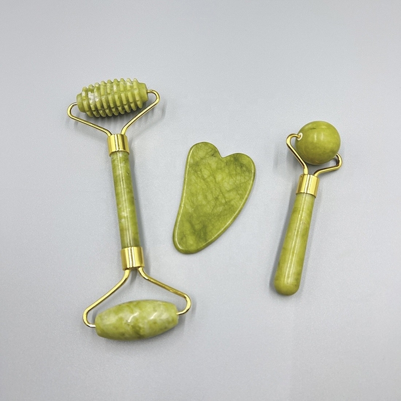 Green Gua Sha for Face and Neck Wrinkles Double Head Natural Jade Roller Set For Home