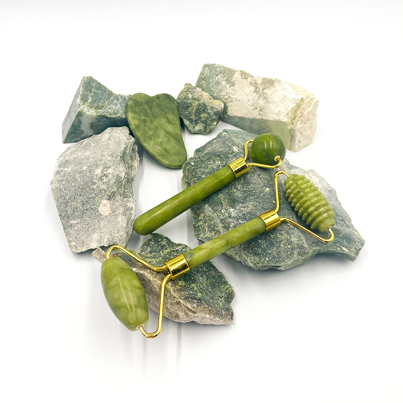 Xiuyan Stone Double Head Skin Facial Care Jade Roller and Gua Sha Rosenquarz Set